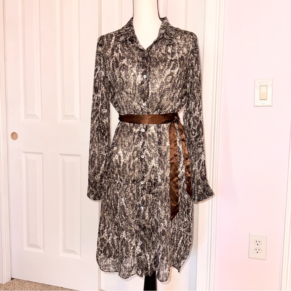 JBS button down collared animal print ribbon belt long sleeve sheer dress sz 10
